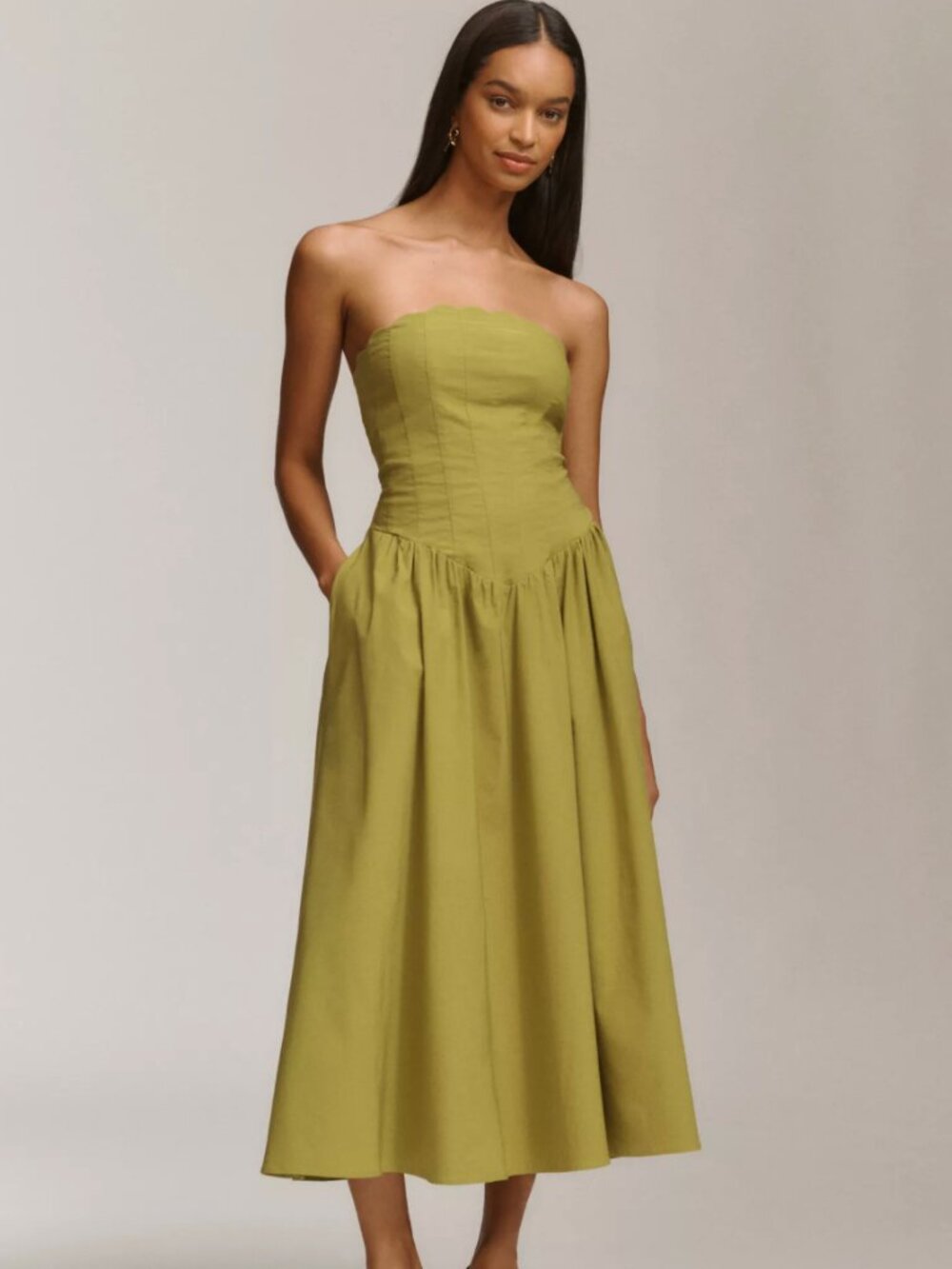 BHLDN Strapless Scallop Drop-Waist Midi Dress